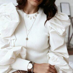 White Casual Women's Round Neck Fitted Puff Sleeve Top
